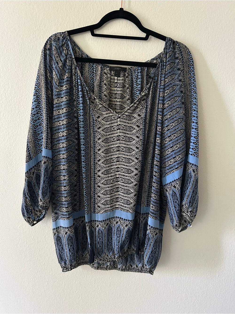 J. Crew 100% Silk Boho Patterned Peasant Top Romantic Feminine Milkmade Large
